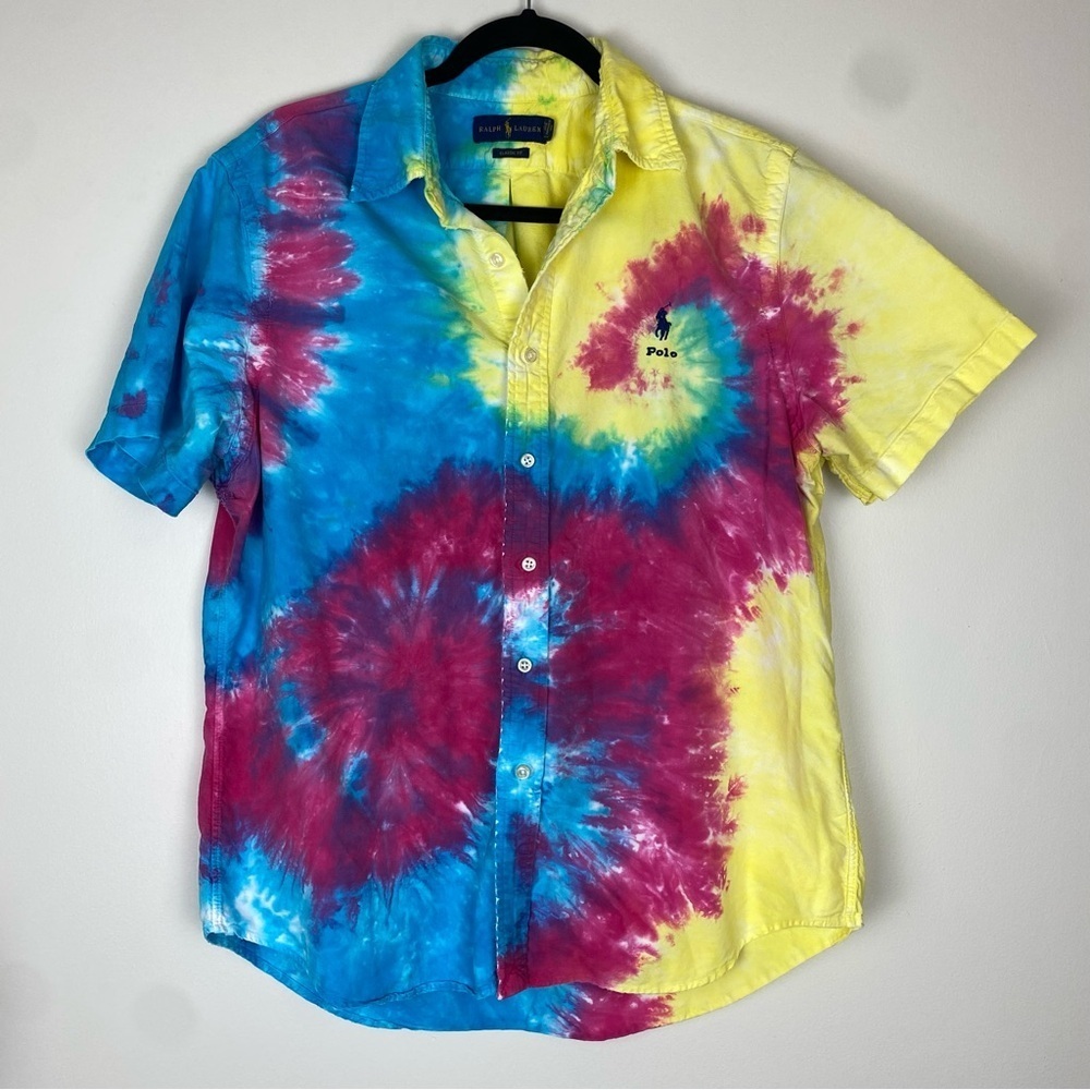 Ralph Lauren Tie Dye Short Sleeve Classic Fit Button Down Shirt size Large